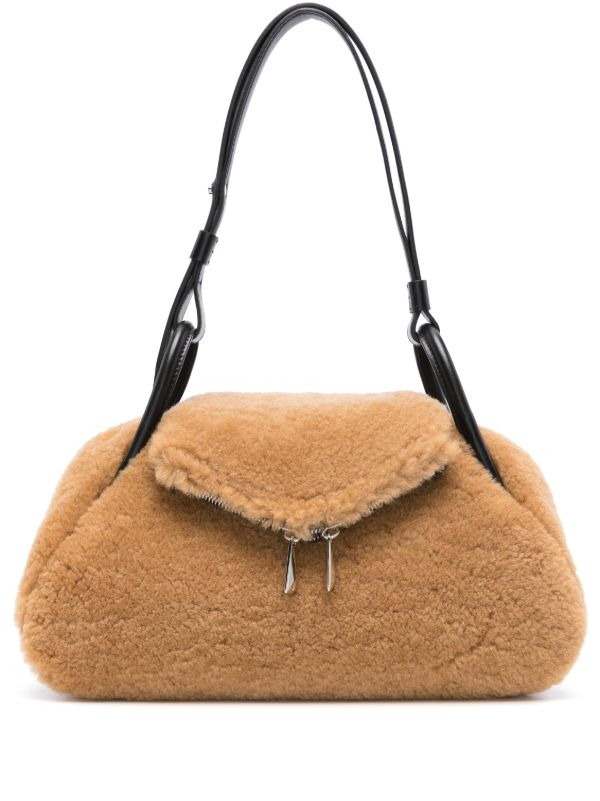 Amina Muaddi Neutral Gemini Shearling Shoulder Brown | Browns Shoulder Bags