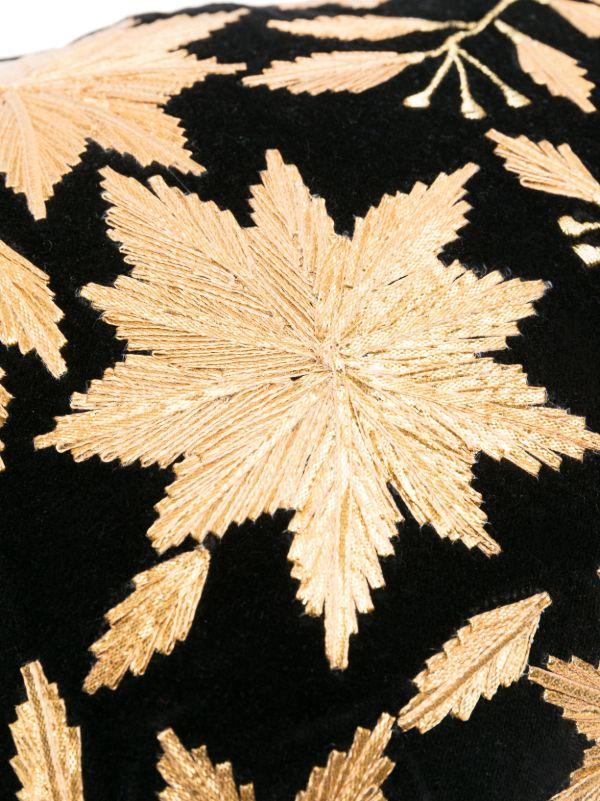 Les-Ottomans X Browns Black Leaf-Embroidered Velvet Cushion | Browns Cushions