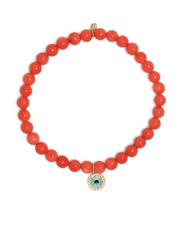 Sydney Evan 14K Yellow Gold Evil Eye Coral Beaded Bracelet | Browns Fine Bracelets