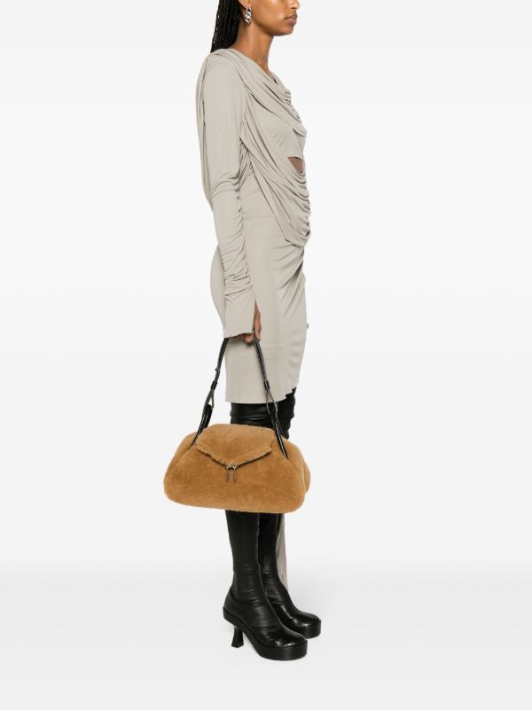 Amina Muaddi Neutral Gemini Shearling Shoulder Brown | Browns Shoulder Bags