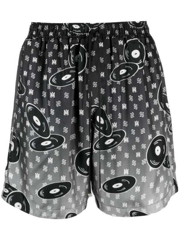 AMIRI X Browns Black Falling Records Silk Shorts | Browns Bermuda Shorts