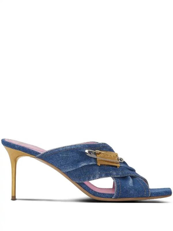 Balmain 75mm safety-pin denim mules | Browns Mules