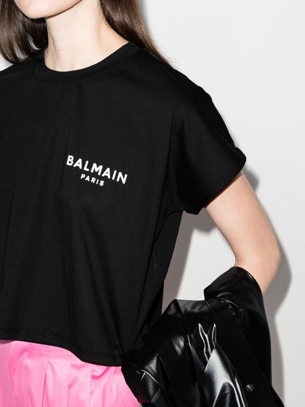 Balmain Black Cropped Logo Cotton T-shirt | Browns T-Shirts & Jersey Shirts