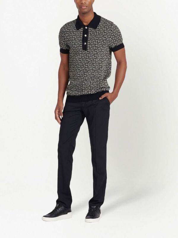 Balmain Black Monogram Jacquard Polo Shirt | Browns Polo Shirts
