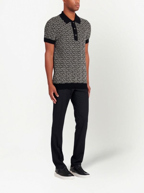 Balmain Black Monogram Jacquard Polo Shirt | Browns Polo Shirts