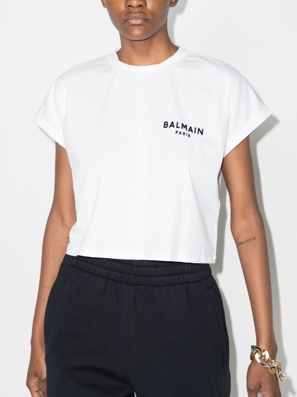 Balmain White Cropped Logo Cotton T-Shirt | Browns T-Shirts & Jersey Shirts