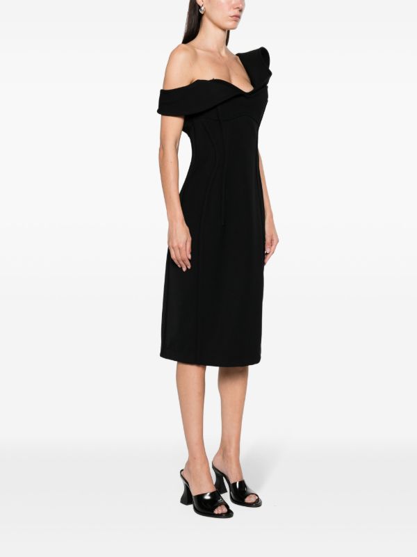 Bottega Veneta Black Off-Shoulder Midi Dress | Browns Cocktail & Party Dresses