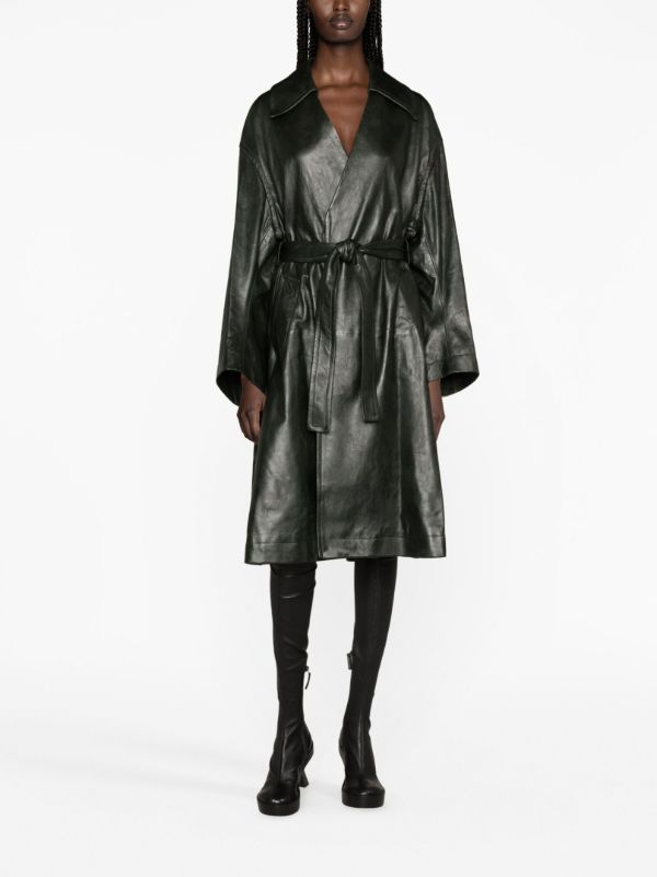 Bottega Veneta Green Belted Leather Coat | Browns Leather Coats