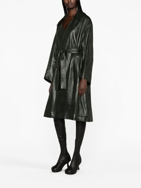 Bottega Veneta Green Belted Leather Coat | Browns Leather Coats