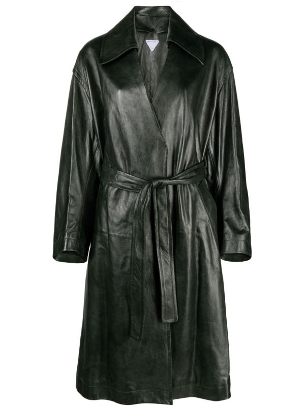 Bottega Veneta Green Belted Leather Coat | Browns Leather Coats