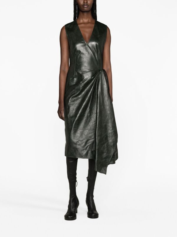 Bottega Veneta Green Draped Leather Midi Dress | Browns Day Dresses