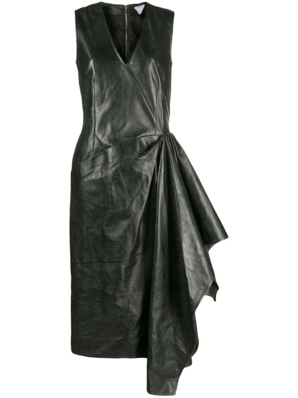 Bottega Veneta Green Draped Leather Midi Dress | Browns Day Dresses