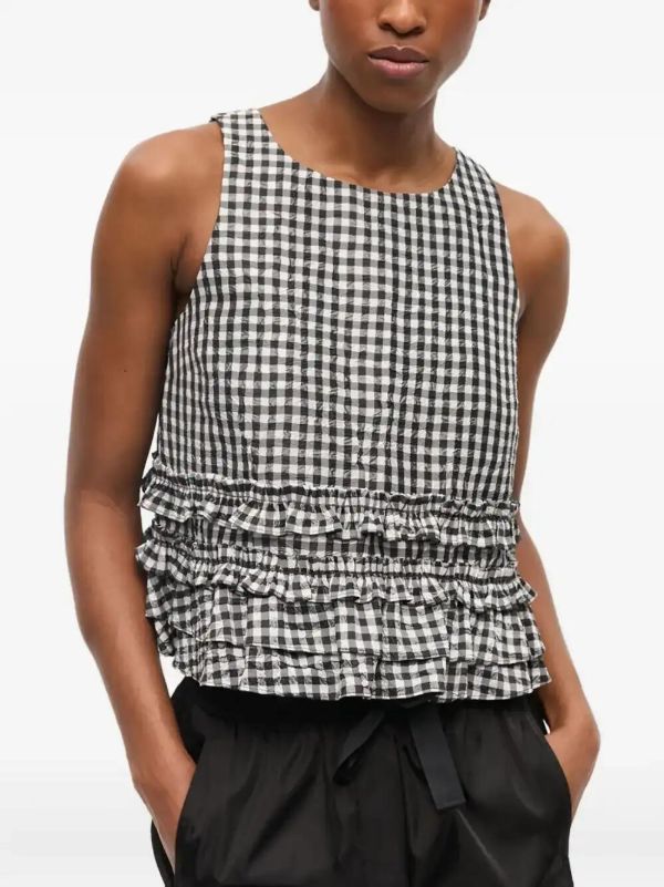 GANNI Checked Crinkled Top | Browns Blouses