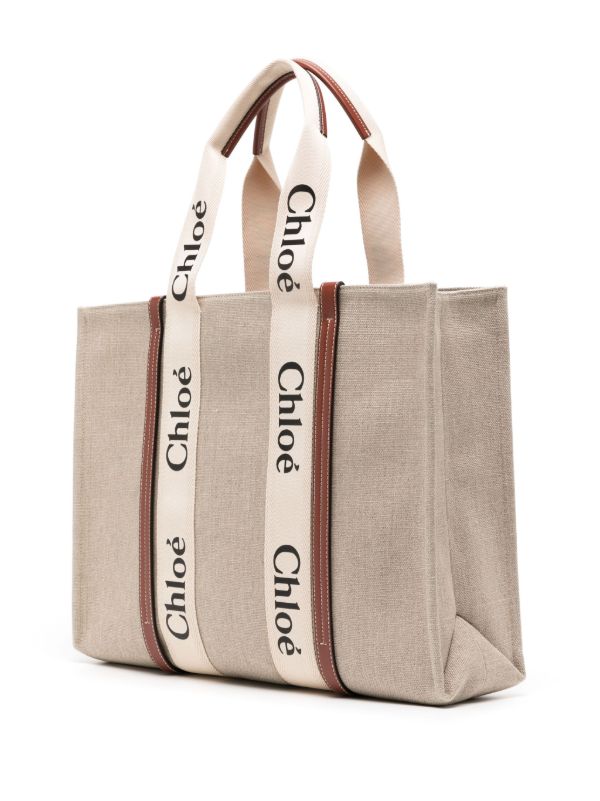 Chloé Beige Large Woody Cotton Tote Bag | Browns Beach Bags