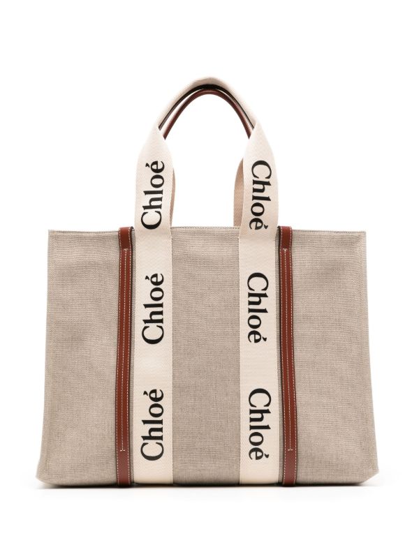 Chloé Beige Large Woody Cotton Tote Bag | Browns Beach Bags
