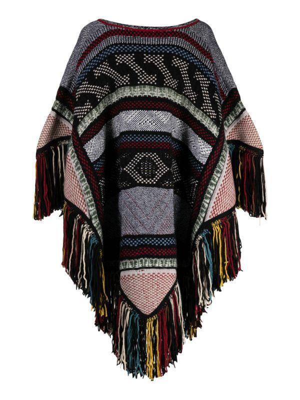 Chloé Black Fringed Jacquard Wool Cape | Browns Capes