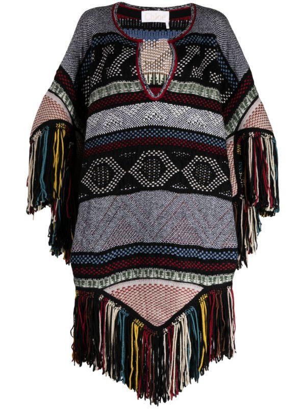 Chloé Black Fringed Jacquard Wool Cape | Browns Capes