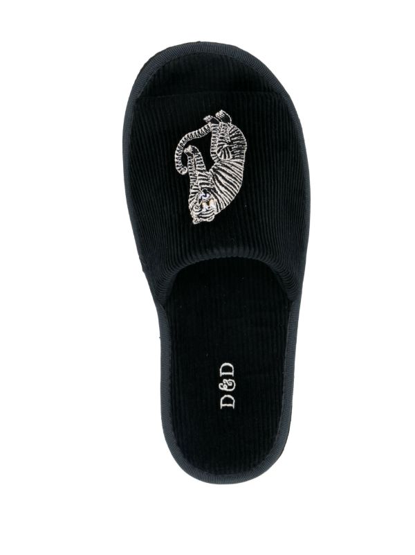 Desmond & Dempsey Black Sansindo Tiger Embroidered Slippers | Browns Slippers