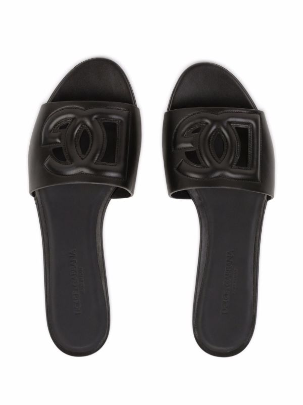 Dolce & Gabbana Black Logo Embossed Leather Slides | Browns Flip Flops & Slides
