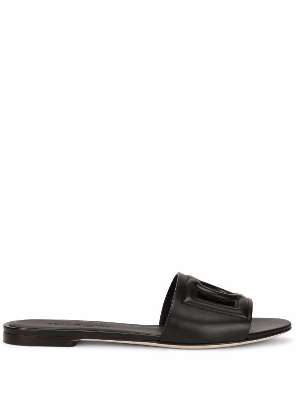 Dolce & Gabbana black logo embossed leather slides | Browns Flip Flops & Slides