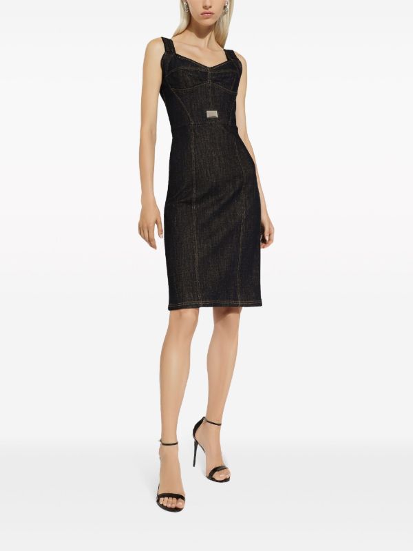 Dolce & Gabbana Black Logo Plaque Denim Midi Dress | Browns Day Dresses