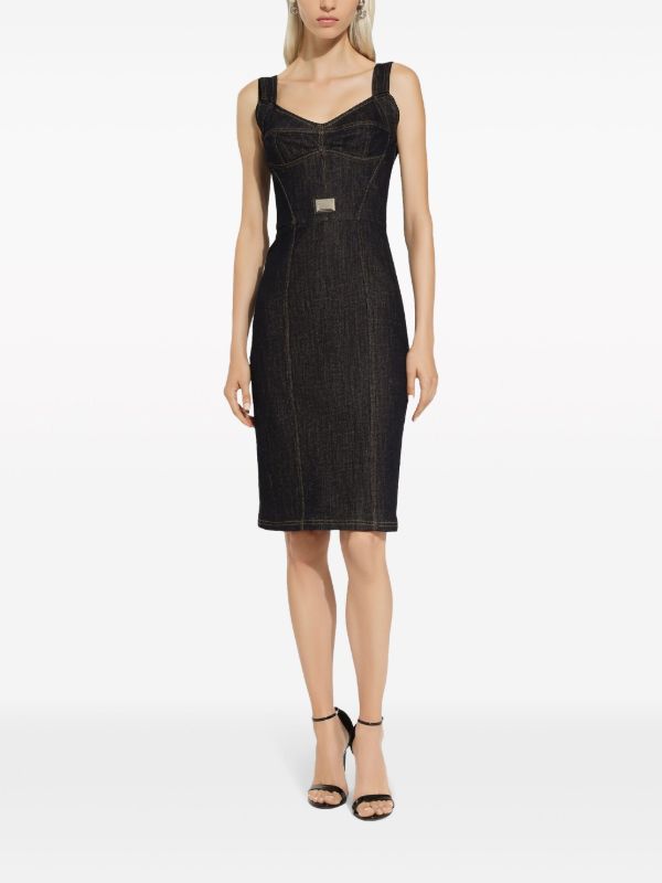 Dolce & Gabbana Black Logo Plaque Denim Midi Dress | Browns Day Dresses