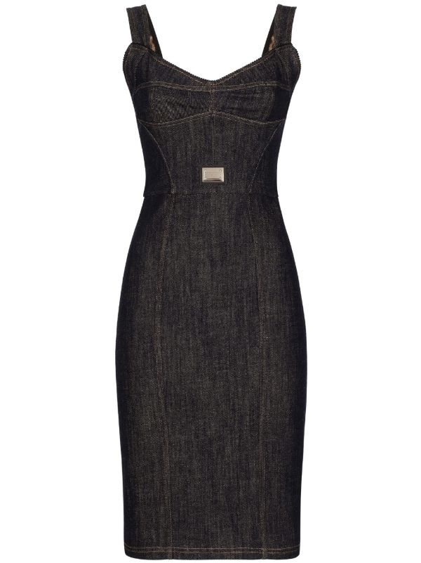 Dolce & Gabbana Black Logo Plaque Denim Midi Dress | Browns Day Dresses