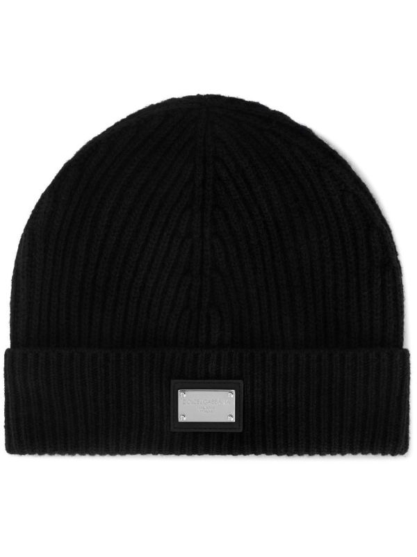 Dolce & Gabbana Black Logo Plaque Ribbed Beanie | Browns Hats