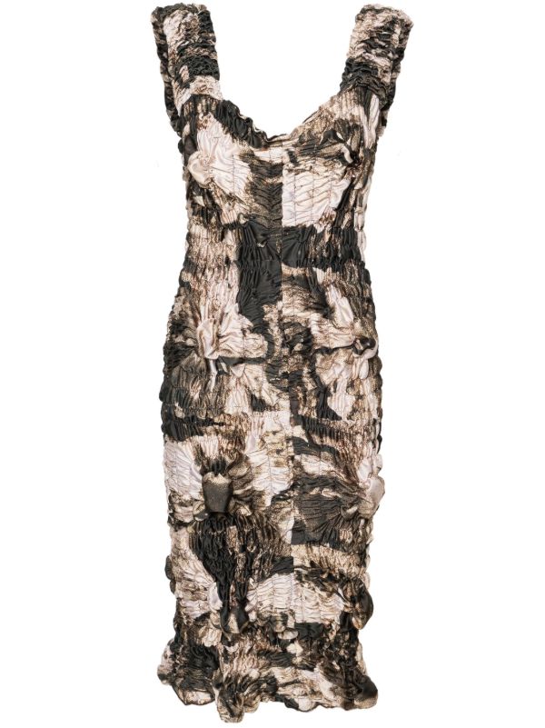 FEBEN Brown Abstract-Print Shirred Midi Dress | Browns Day Dresses