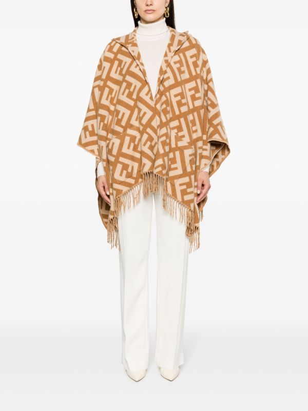 FENDI Brown FF Logo Fringed Cashmere Poncho | Browns Capes