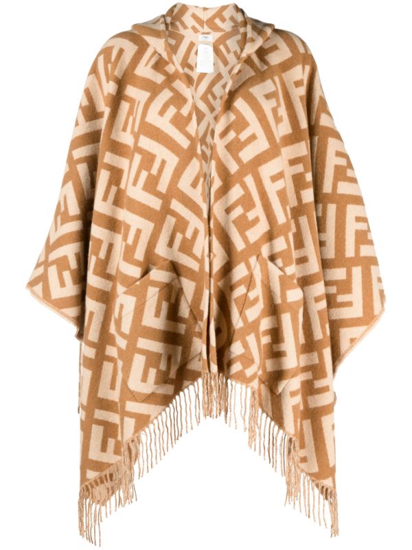 FENDI Brown FF Logo Fringed Cashmere Poncho | Browns Capes