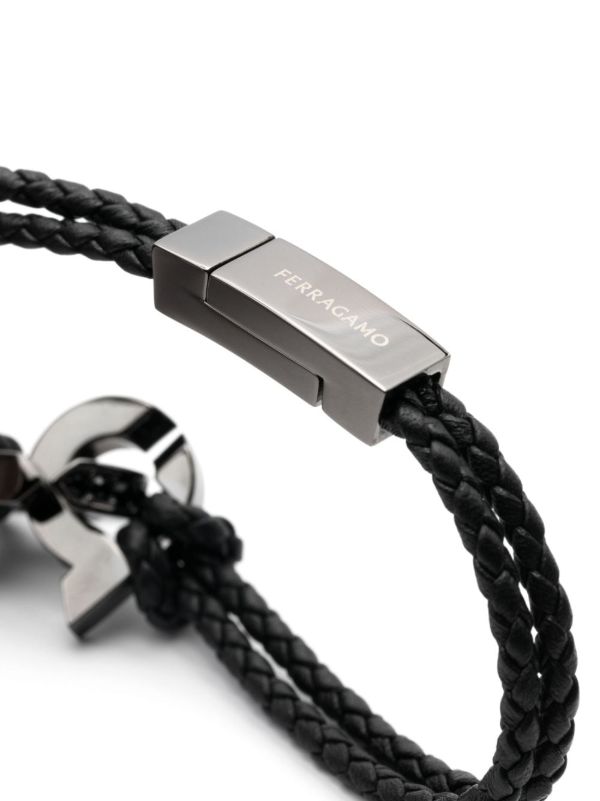 Ferragamo Black Gancini Plaque Leather Braided Bracelet | Browns Bracelets