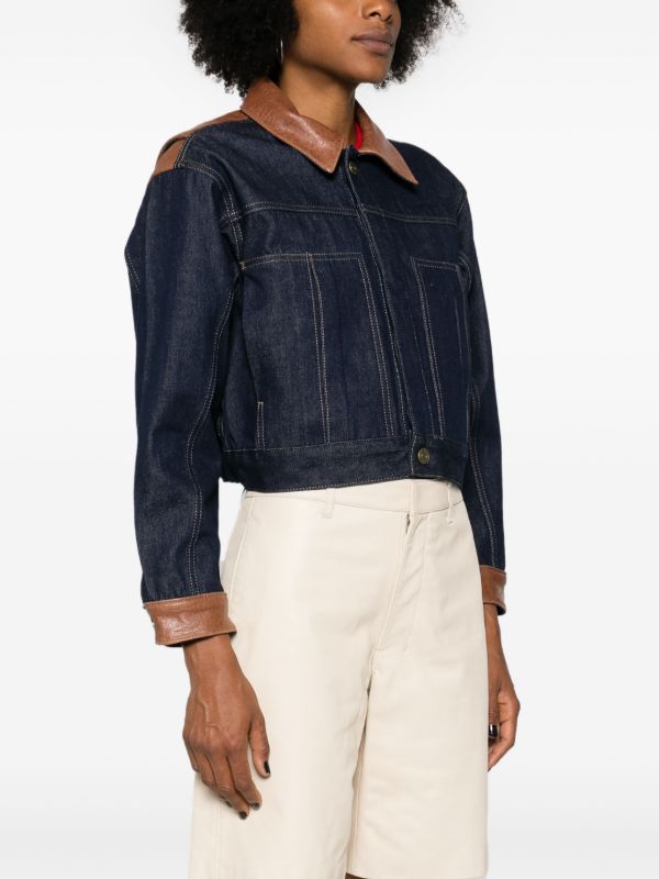 FRAME Blue Leather-Trim Denim Jacket | Browns Denim Jackets
