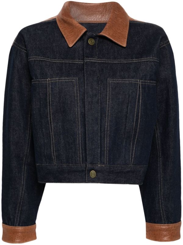 FRAME Blue Leather-Trim Denim Jacket | Browns Denim Jackets