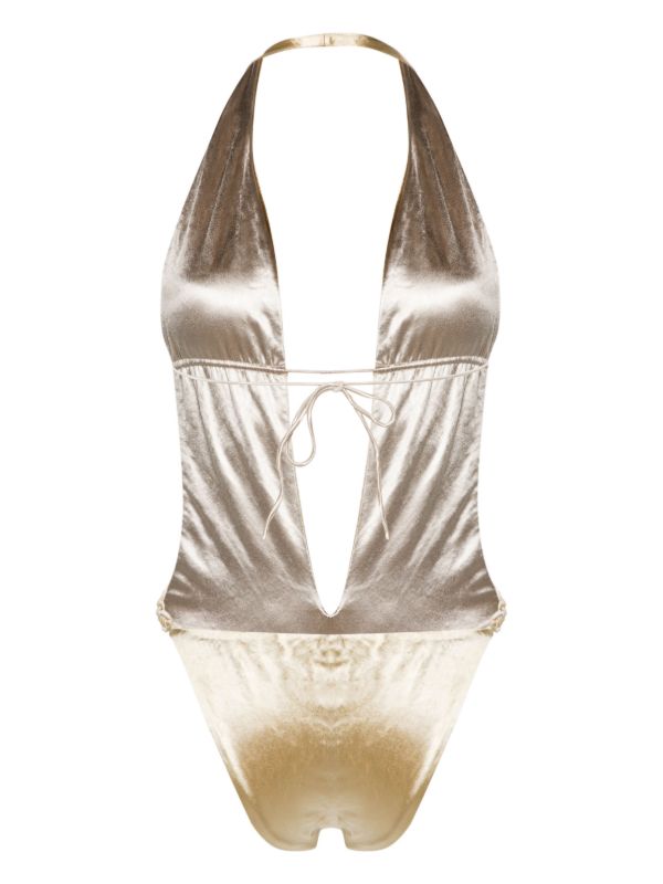 Isa Boulder Gold-Tone Satin-Finish V-neck Swimsuit | Browns One-Pieces