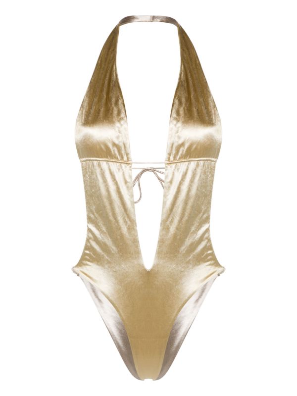 Isa Boulder Gold-Tone Satin-Finish V-neck Swimsuit | Browns One-Pieces