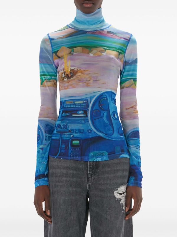 JW Anderson Blue Camper-Print Sheer Top | Browns T-Shirts & Jersey Shirts