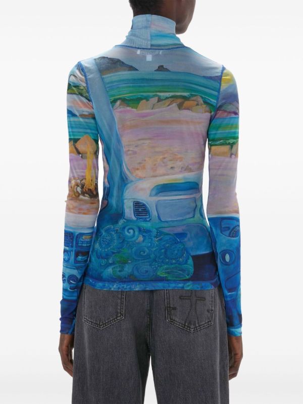 JW Anderson Blue Camper-Print Sheer Top | Browns T-Shirts & Jersey Shirts