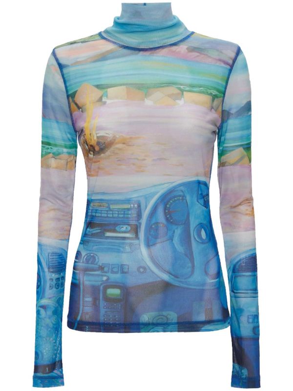 JW Anderson Blue Camper-Print Sheer Top | Browns T-Shirts & Jersey Shirts