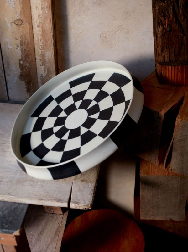 L'Objet White Damier Porcelain Platter | Browns Plates & Bowls