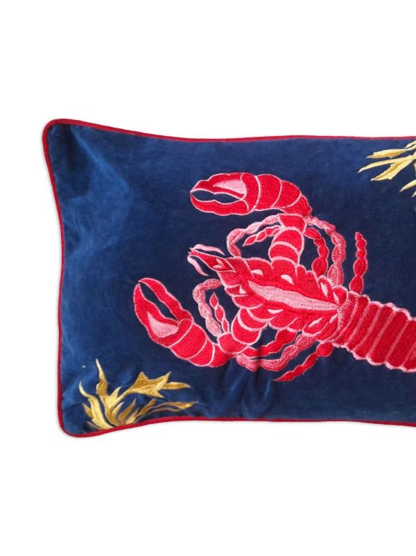 Les-Ottomans Blue Lobster-embroidered Linen Cushion | Browns Cushions