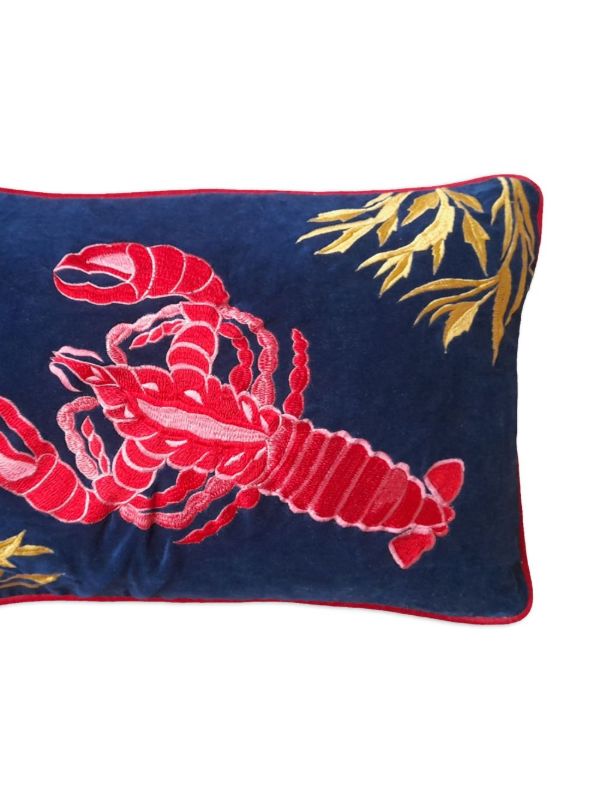 Les-Ottomans Blue Lobster-embroidered Linen Cushion | Browns Cushions