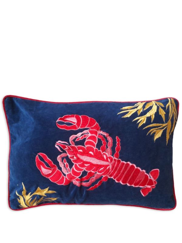 Les-Ottomans blue lobster-embroidered linen cushion | Browns Cushions