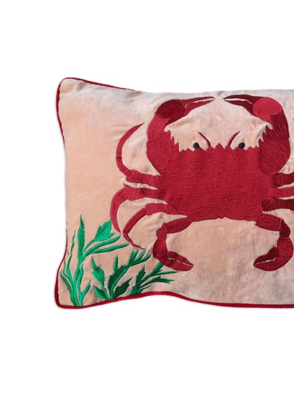 Les-Ottomans Pink Crab Embroidered Linen Cushion | Browns Cushions