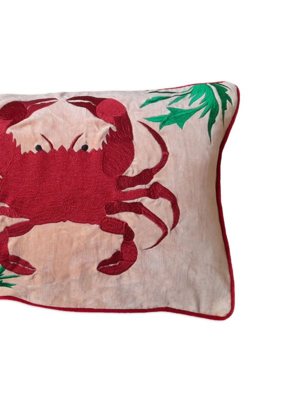 Les-Ottomans Pink Crab Embroidered Linen Cushion | Browns Cushions