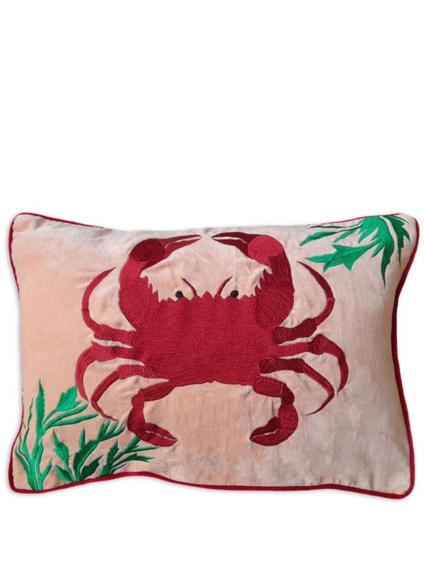 Les-Ottomans Pink Crab Embroidered Linen Cushion | Browns Cushions