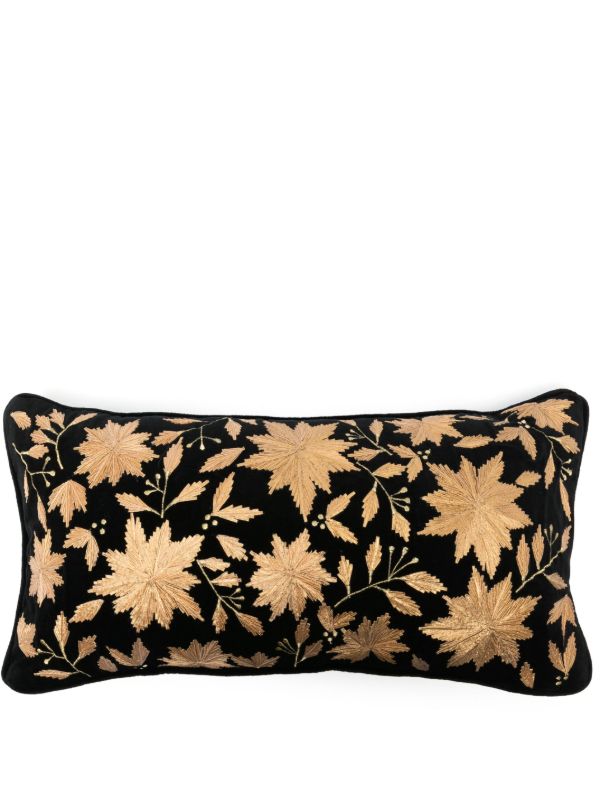 Les-Ottomans x Browns Black Leaf-Embroidered Velvet Cushion | Browns Cushions