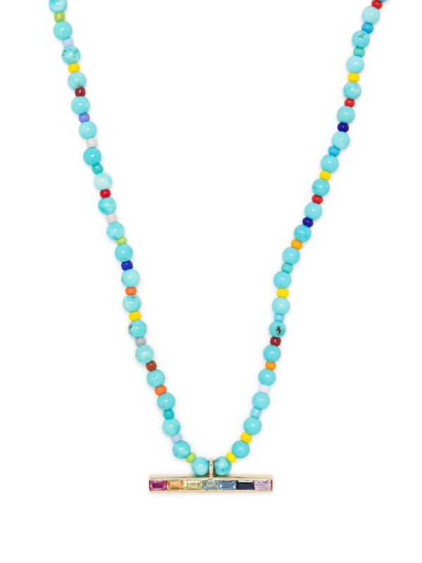 LUIS MORAIS 14K Yellow Gold ID Bar Sapphire Beaded Necklace | Browns Necklaces