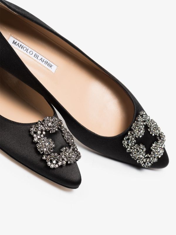 Manolo Blahnik Black Hangisi Crystal Satin Ballet Pumps | Browns Pumps