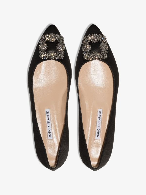 Manolo Blahnik Black Hangisi Crystal Satin Ballet Pumps | Browns Pumps